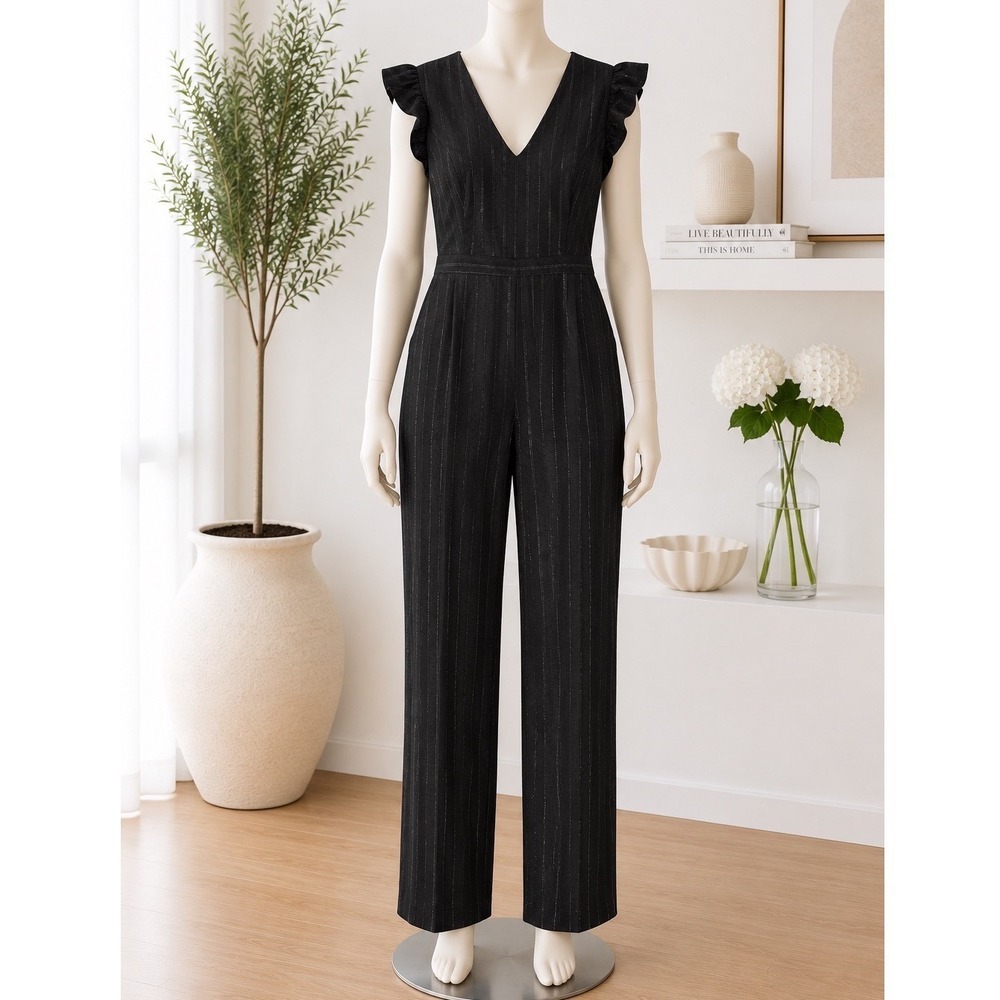 Anthropologie First Monday Jumpsuit Womens L Black Pinstripe Cocktail Party Chic